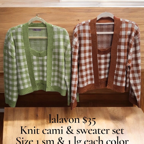 Lalavon Sweaters - Lalavon Checkered Knit Cami & Sweater Set - Green and Brown